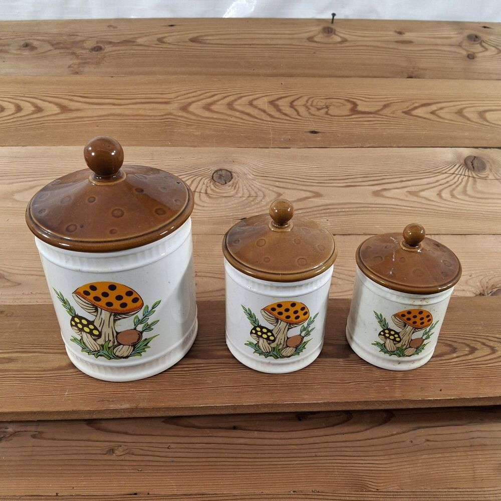 Vintage Sears Merry Mushroom Ceramic Canisters 1982 3 Piece